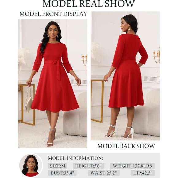 Women's Red 3/4 Sleeve Vintage Flattering A-line Vintage Cocktail Dresses - Picture 3 of 5